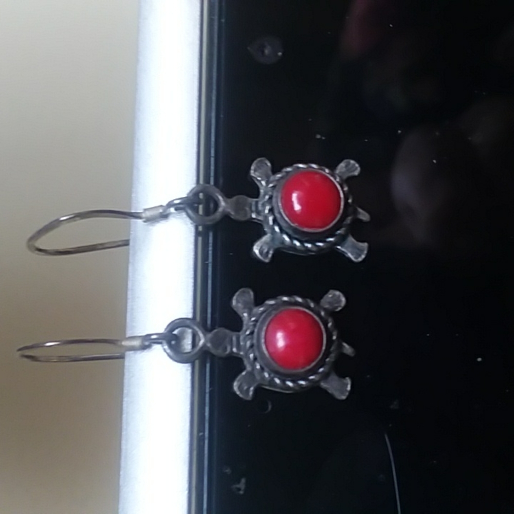 Sterling Silver and Coral Earrings - Picture 1 of 7